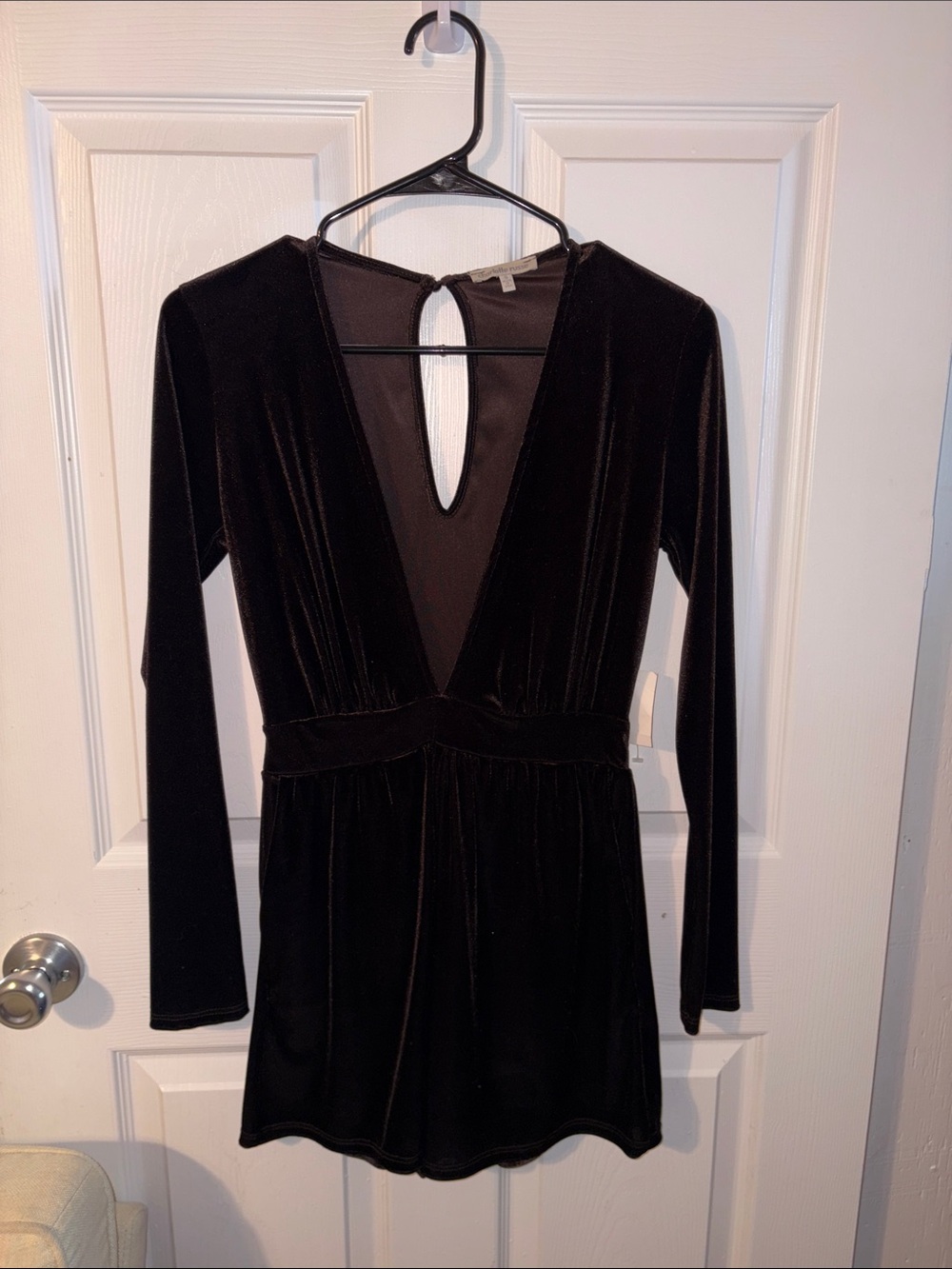 Charlotte Russe Dark Brown Long-Sleeve Velvet Romper with V-Neck
